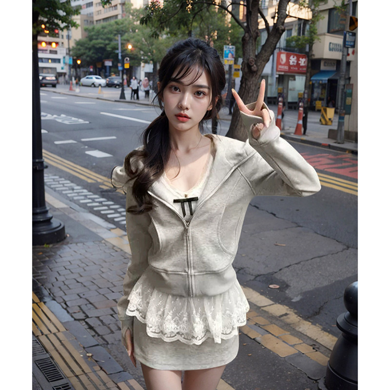 韩系学院风休闲百搭灰色外套高腰短裙子蕾丝打底衫三件套装女春季图片
