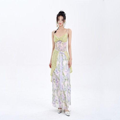 法式浪漫花卉拼接连衣裙