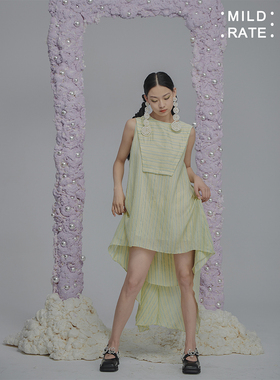 MildRate原创 设计感立裁条纹不规则连衣裙气质无袖中长裙新款