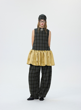 MildRate原创“秘境格调”格纹撞色拼接无袖连衣裙新中式A字裙