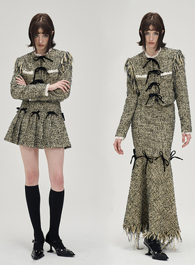 MildRate 叛逆千金 编织流苏圆领小香风短外套+半裙套装 新款