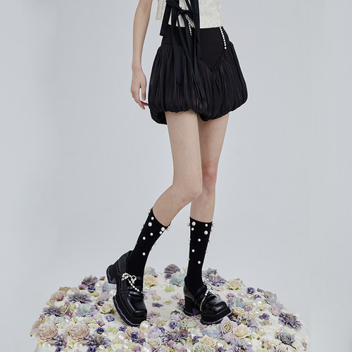 高腰南瓜短裤薄珍珠花边