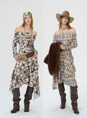 MildRate原创“末路狂花”一字肩不规则裙摆羊毛印花连衣裙摇滚裙