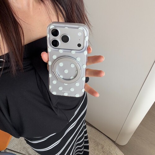 日韩ins白色波点360支架适用苹果17手机壳iphone16promax半透磨砂15新款14防摔保护套13小众16超好看