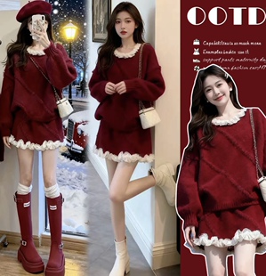 秋冬圣诞喜庆红色针织上衣半身裙加厚孕妇两件套装