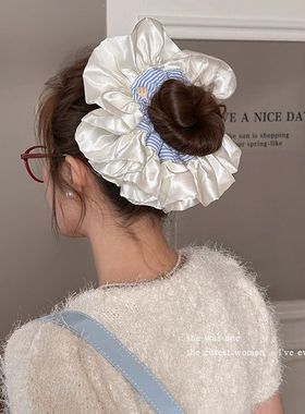 芭蕾风奶油缎面蓝色条纹大肠发圈女百搭发绳扎头发橡皮筋超大头绳