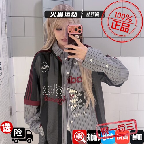 Adidas三叶草男子复古拼接字母刺绣宽松运动长袖衬衫KY2152KY2153