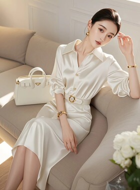 2025早秋款法式高级感yn大方得体连衣裙女装正式场合白色衬衫裙子