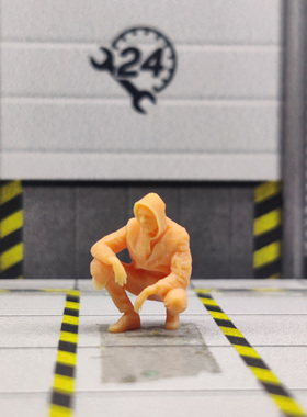 SuperGe1/64白模人偶蹲姿兜帽酷酷男素模直接上色S034