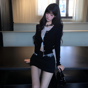 蕾丝拼接系带开衫 女 纯欲辣妹风套装 包臀短裙两件套 蕾丝辣魅