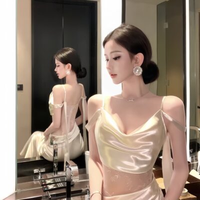 春季法式荡领蕾丝吊带缎面套装女