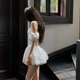 法式 纯欲风生日礼服短裙子 新款 白色一字肩抹胸泡泡袖 连衣裙女夏季