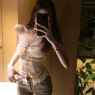 【日光柔纱】一字肩蕾丝花边抹胸背心显瘦修身无袖上衣/高腰短裤