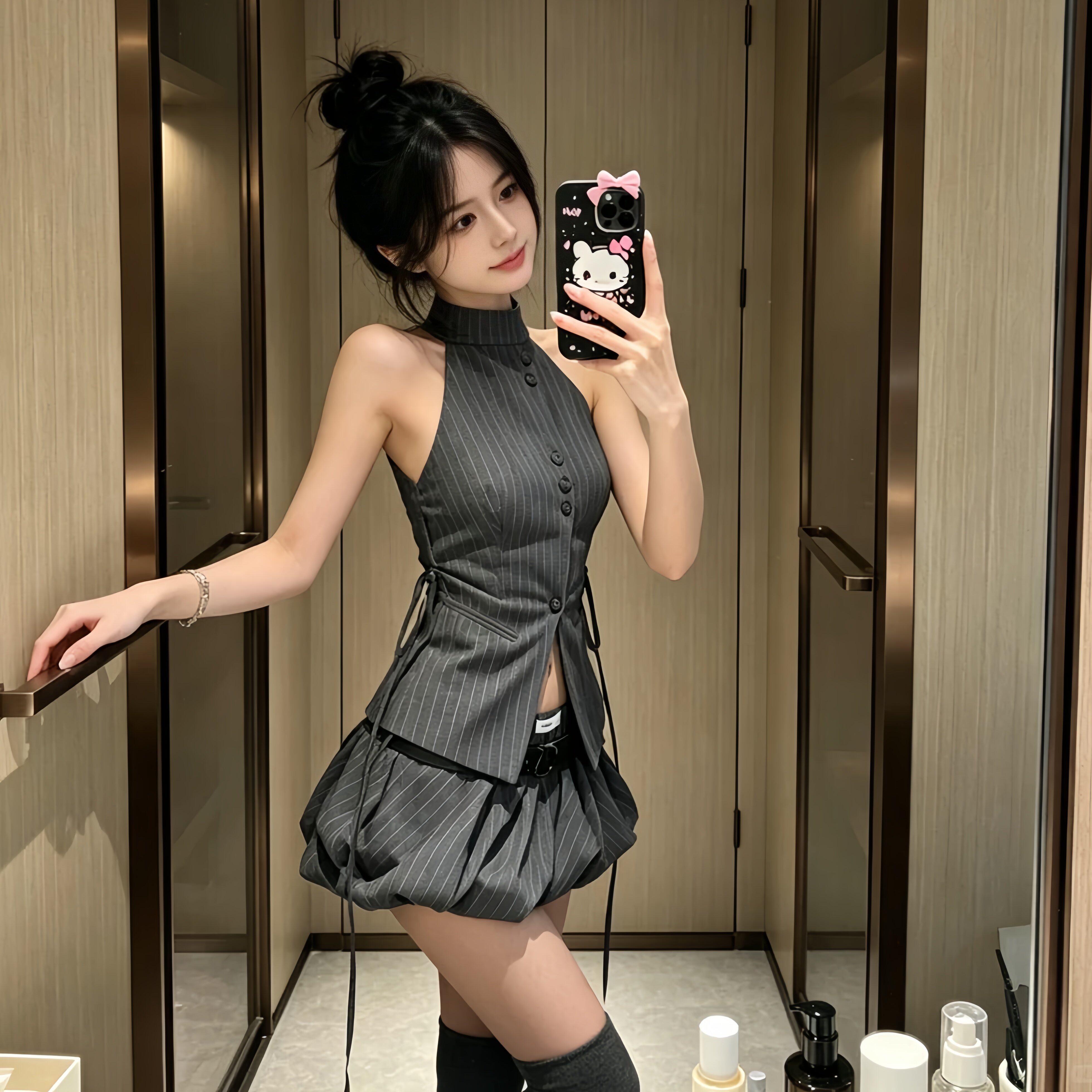 法式夏季新款chic圆领同款条纹西装无袖修身上衣女/收腰花苞短裙