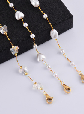 新款小清新风格仿珍珠仿水晶蝴蝶爱心钛钢滴油眼睛飞机手链AJ390