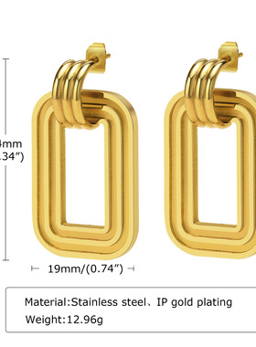 耳环钛钢几何金色耳钉爱心红锆石珍珠女双环长方形绿色饰品ED516