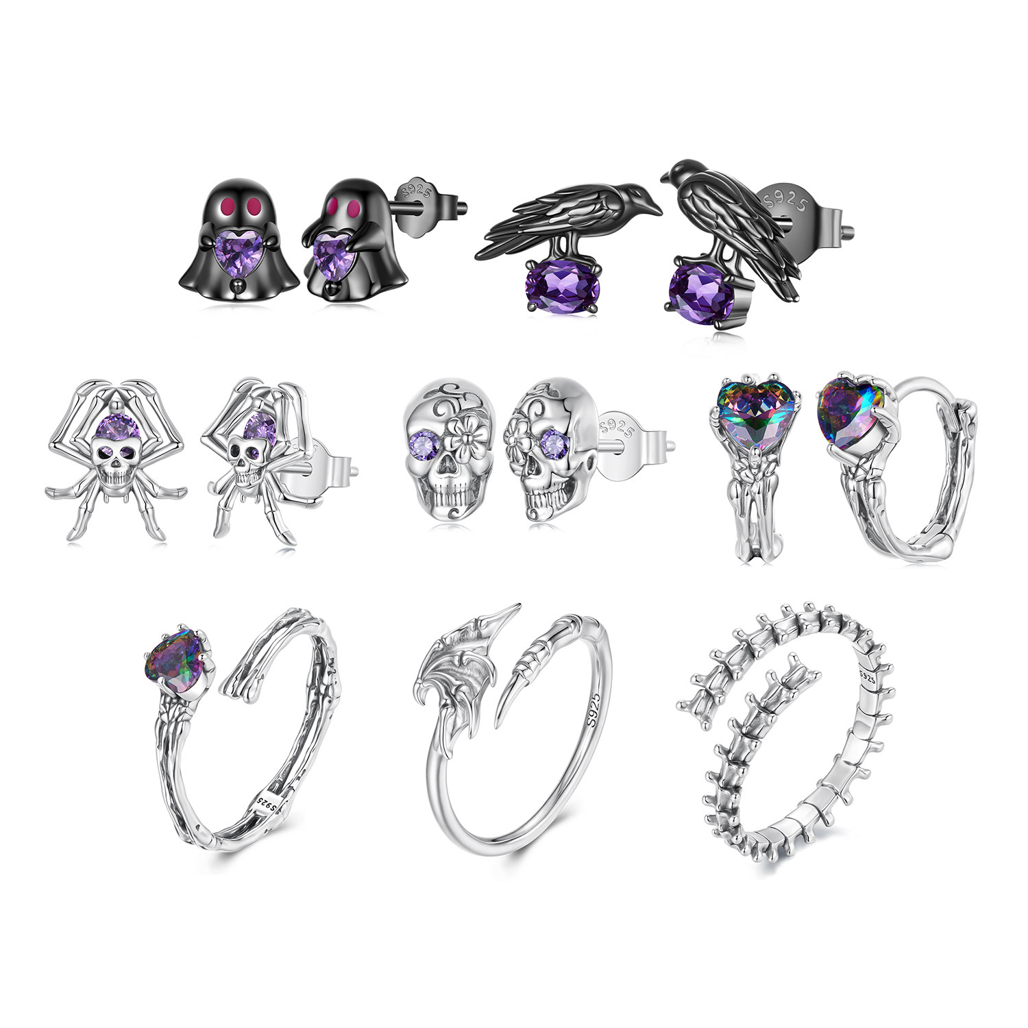 原创万圣节蜘蛛骷髅头耳钉戒指合集暗黑小众s925纯银耳饰独特设计