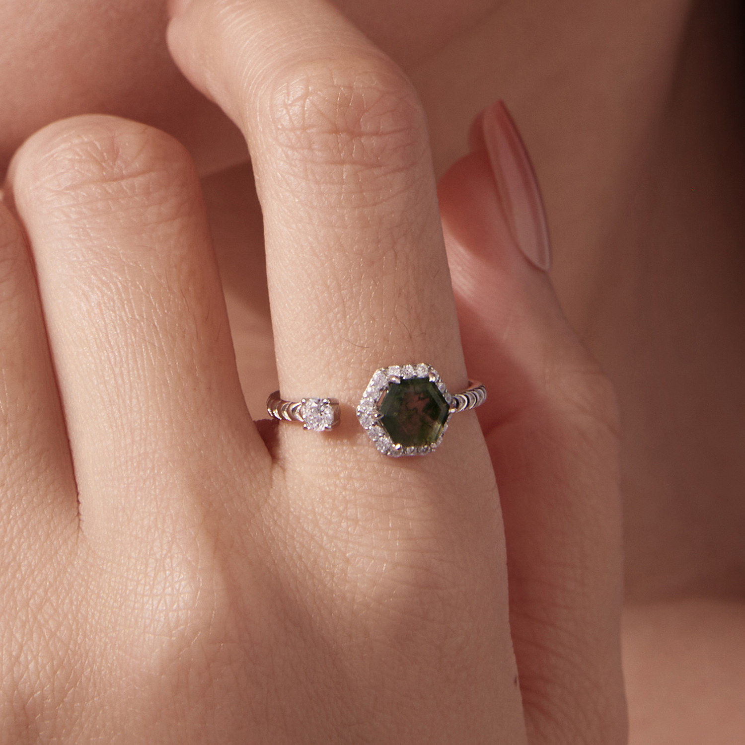 原创s925纯银水草玛瑙开口戒指个性几何六边形复古玛瑙戒指气质女