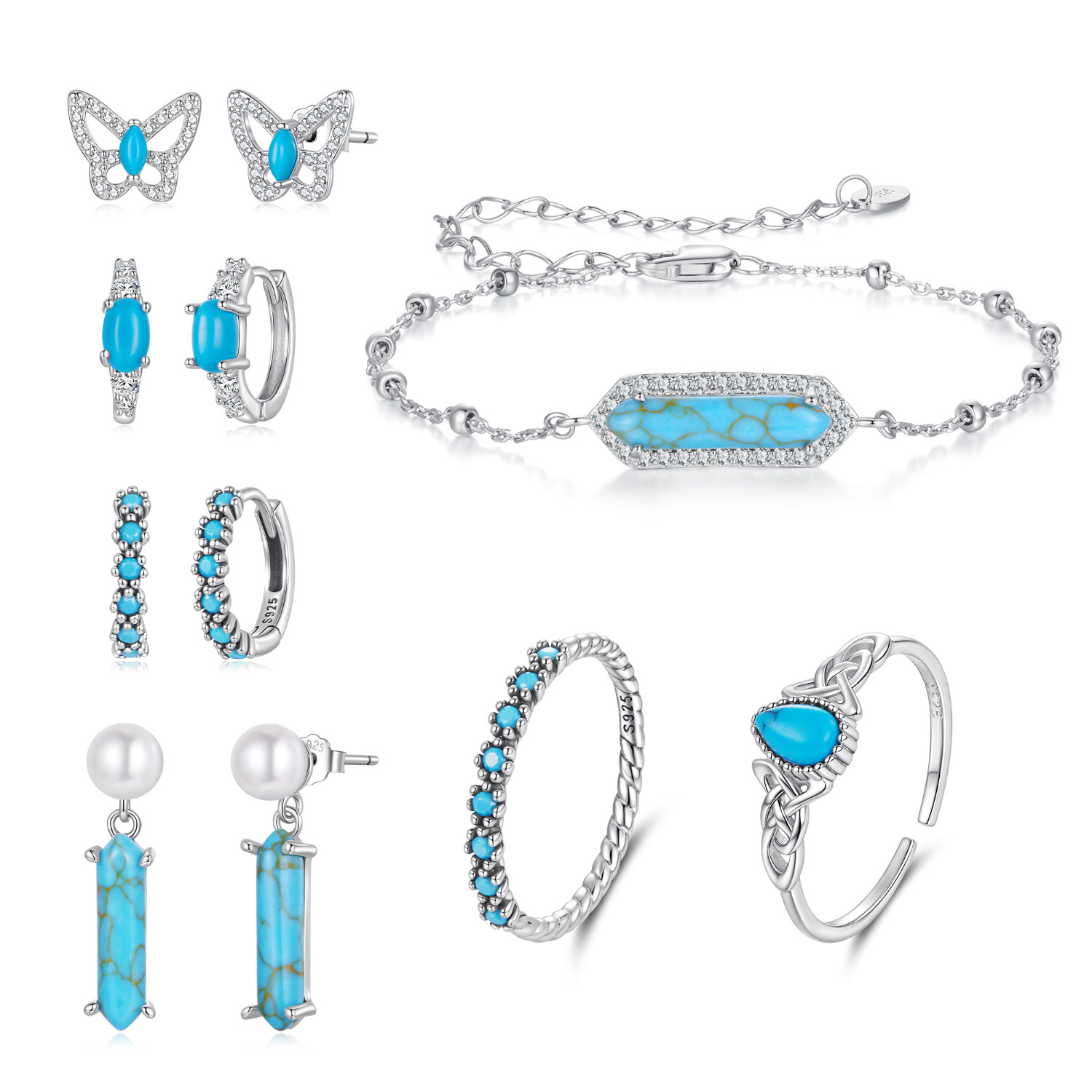 原创珍珠绿松石耳钉手链首饰套装s925纯银蝴蝶耳钉戒指高级感饰品