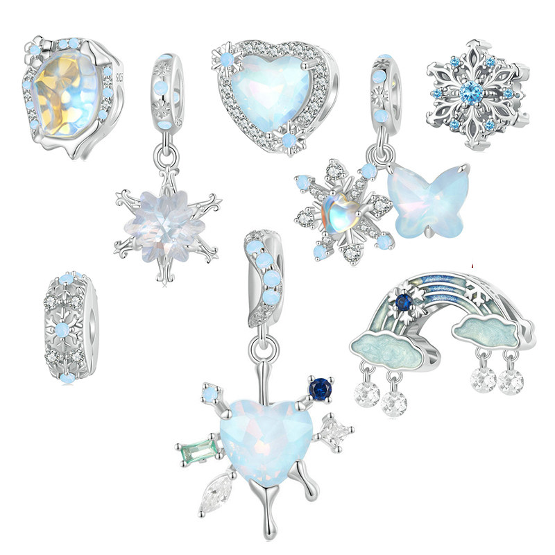 冬季恋歌蓝色雪花珠子925纯银爱心彩虹散珠diy串珠手链隔珠配件