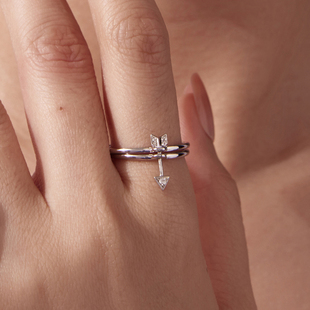 原创通体s925纯银情侣款戒指双环丘比特之箭开口戒指个性叠戴饰品