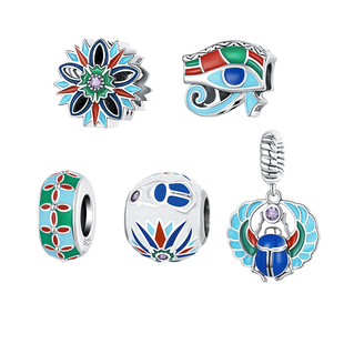 原创莲花珠子蓝绿色银散珠图腾圣甲虫荷鲁斯之眼爱心串珠手链配件