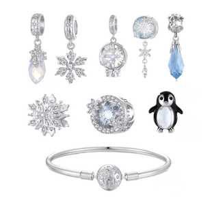 原创冬季雪花珠子s925纯银水晶diy手链配件串珠首饰琉璃珠安全链