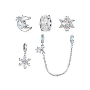 原创冬季雪花珠子s925纯银水晶diy手链配件串珠首饰琉璃珠安全链