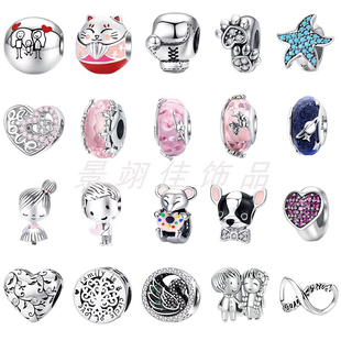 原创手串招财猫纯银珠子粉色花朵琉璃散珠diy材料银手链手工串珠