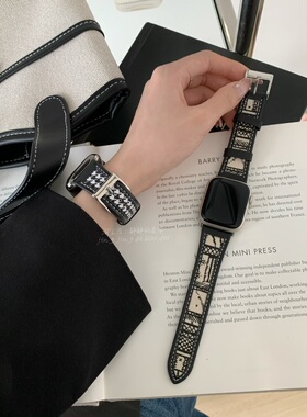 黑白帆布拼真皮ins小众休闲男女适用于s978代iwatch6SE静静的表带