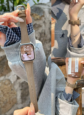 头层荔枝纹小蛮腰柔软真皮适用于苹果s10代静静的表带iwatch987se