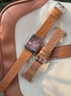 小猫主题压纹真皮油蜡适用于s10苹果applewatch978代SE静静的表带