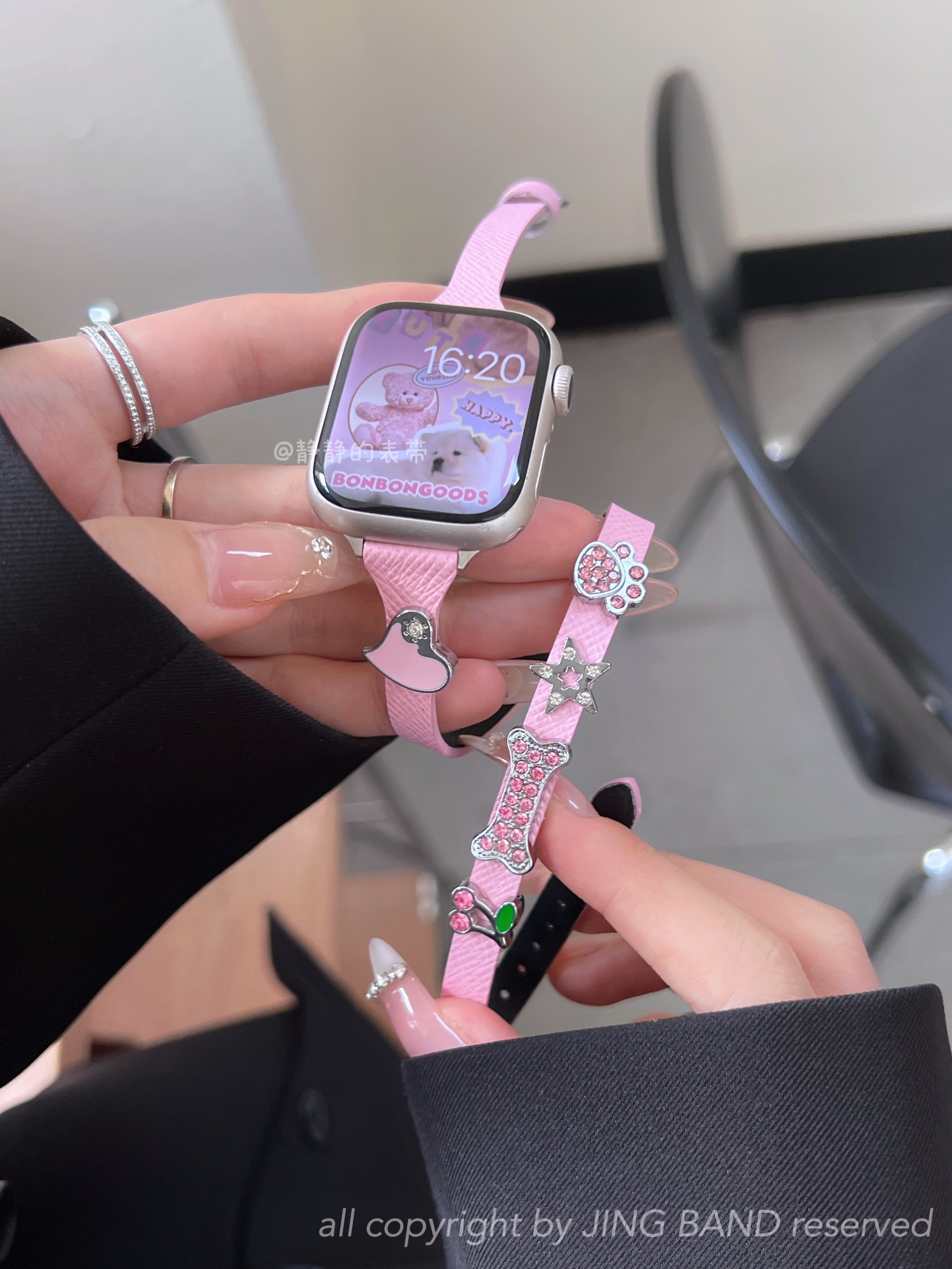 十字纹细双圈真皮金属钻适用于s978代applewatch456SE静静的表带