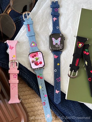 静静的表带真皮牛仔刺绣小众樱桃