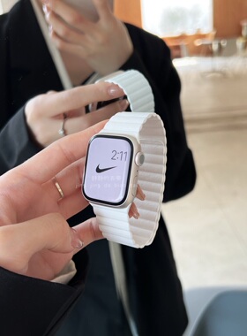 荔纹皮质哑光磁吸适用于applewatch9苹果s789代6SE静静的表带酒红