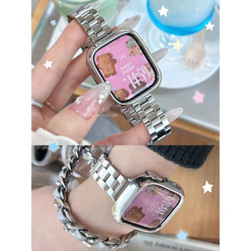 镜面亮银不锈钢三株表带iwatch