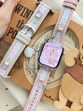 蕾丝真皮质帆布珍珠链适用于苹果手表s10代静静的表带iwatch987se