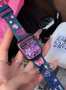 牛仔刺绣YK2小众设计真皮适用于s10苹果applewatch9876静静的表带