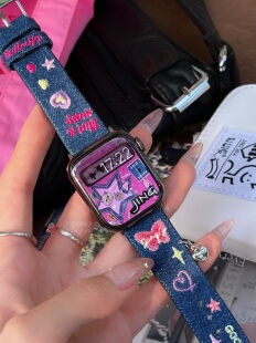 表带 牛仔刺绣YK2小众设计真皮适用于s10苹果applewatch9876静静