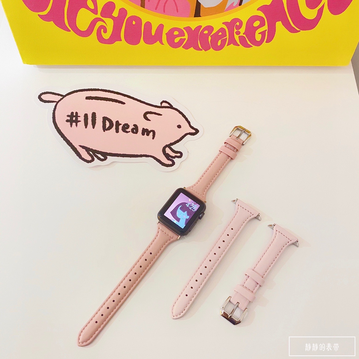 小猪皮粉柔软真皮小蛮腰适用苹果手表applewatch静静的表带iwatch