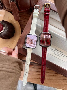 酒红细亮面竹节纹真皮适用applewatch苹果手表SE静静 表带iwatch