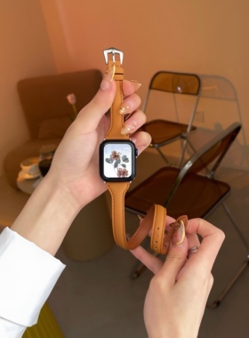 双圈细款柔软真皮简约男女适用于s9代applewatch7865SE静静的表带