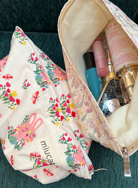 美摘卡通兔子花朵印花棉布化妆包帆布内衬耐用夏季旅行便携收纳袋