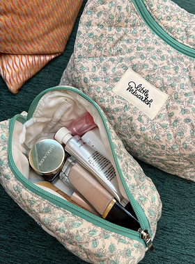 美摘法式碎花文艺清新绿色花朵化妆包大容量棉布收纳袋便携手拎包