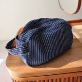 经典 条纹大容量手提化妆包棉麻布艺深色拉链护肤品旅行便携收纳袋