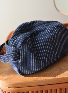 经典条纹大容量手提化妆包棉麻布艺深色拉链护肤品旅行便携收纳袋