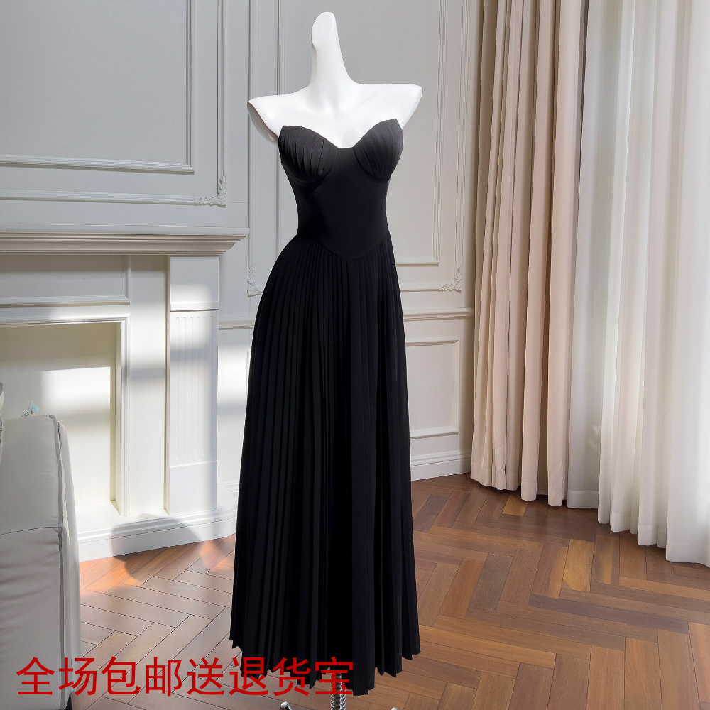 法式2024秋冬新品时尚高端黑色气质抹胸吊带长款礼服连衣裙女