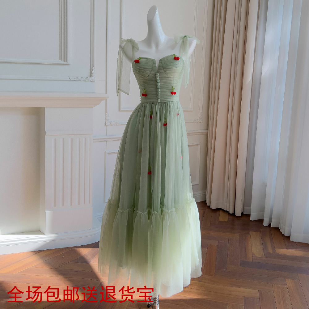 法式名媛气质派对生日小礼服长款吊带连衣裙女草绿色度假小长裙