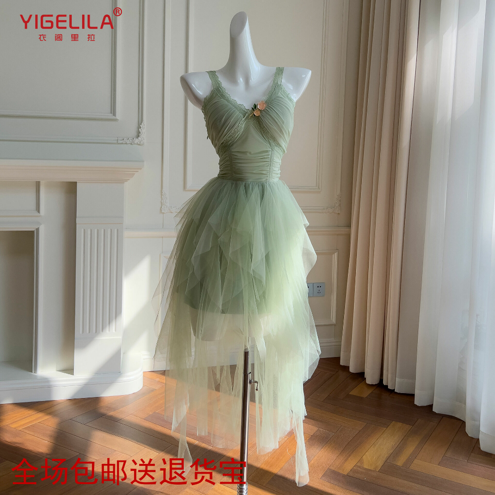 法式轻奢风小礼服裙网纱吊带连衣裙法式V领公主裙不规则度假长裙