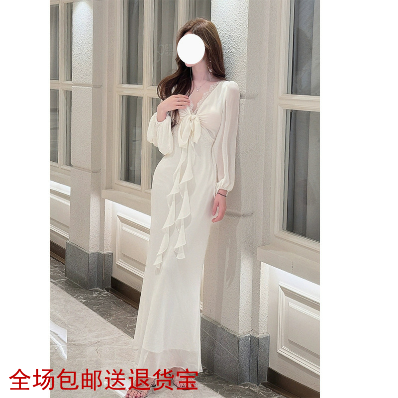 法式名媛风气质深v飘带连衣裙度假风蕾丝拼接包臀鱼尾裙纯色长裙